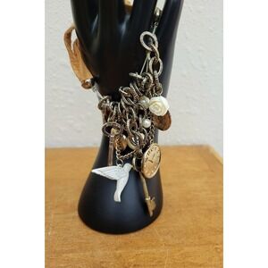 Suede‎ Charm Bracelet Heart Chain Link Pearls Locket Bird Flower Dangling Charms